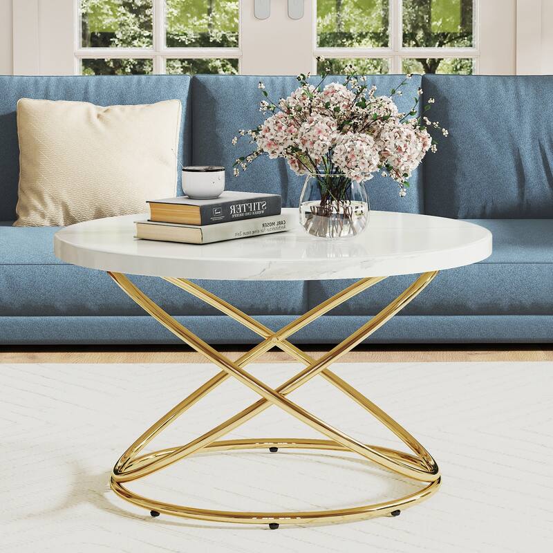 Tempered Glass Top Round Coffee Table with Metal Base