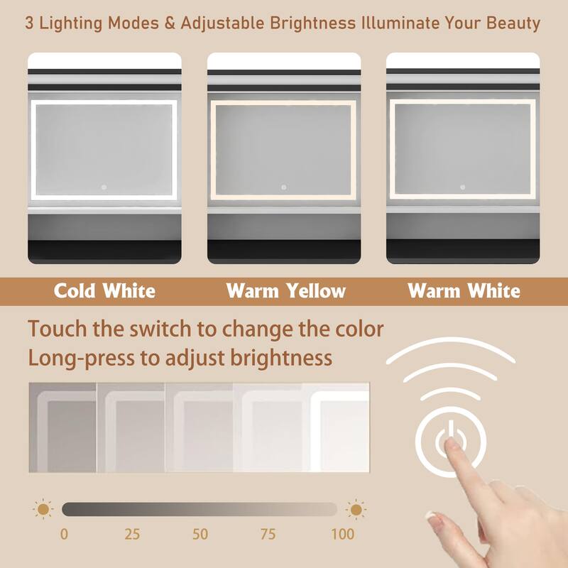 43" White Make-up Vanity Desk with Mirror and Lights for Bedroom, Farmhouse Dressing Table with Charging Station