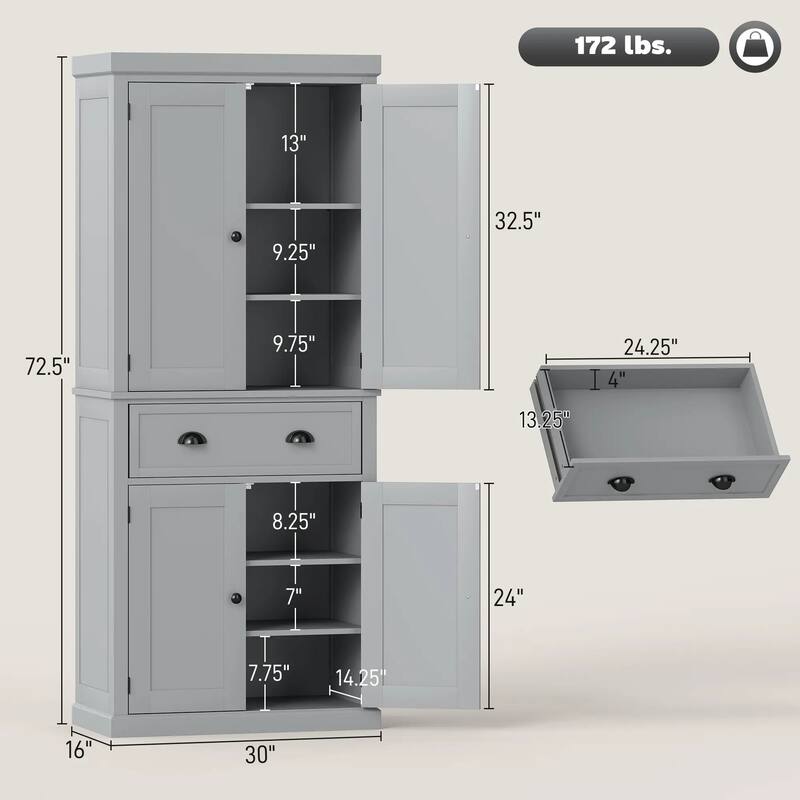 72.5" Freestanding Kitchen Food Pantry Cabinet