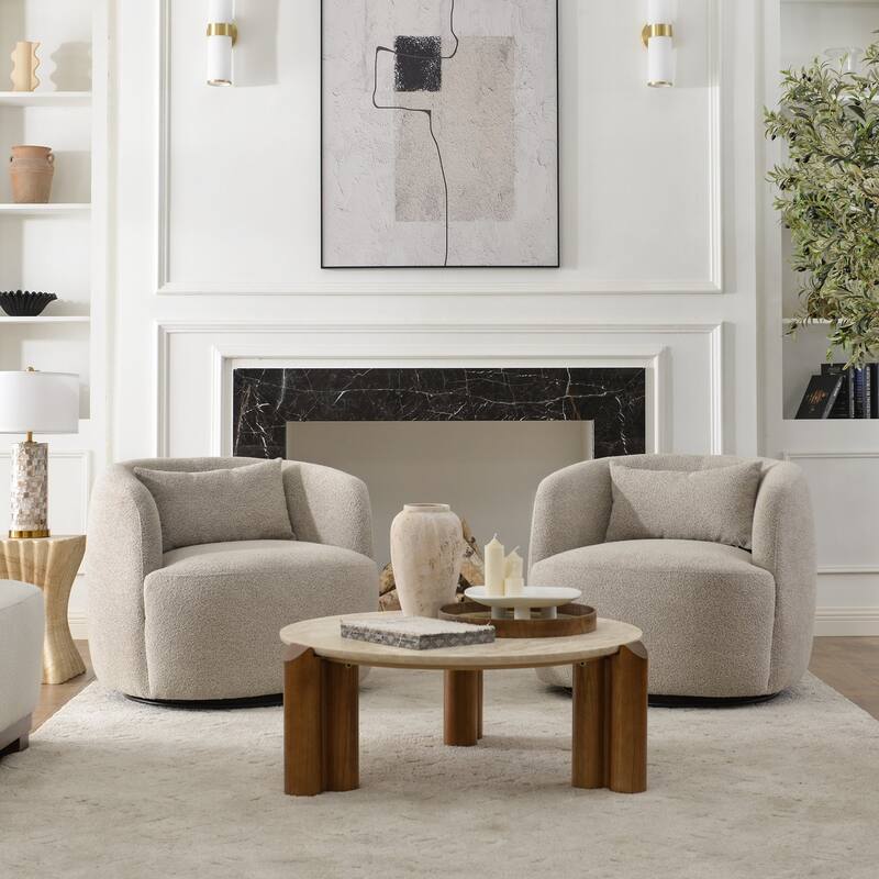 KINWELL 34" Wide Boucle Upholstered Sherpa Swivel Armchair (Set of 2) - Taupe