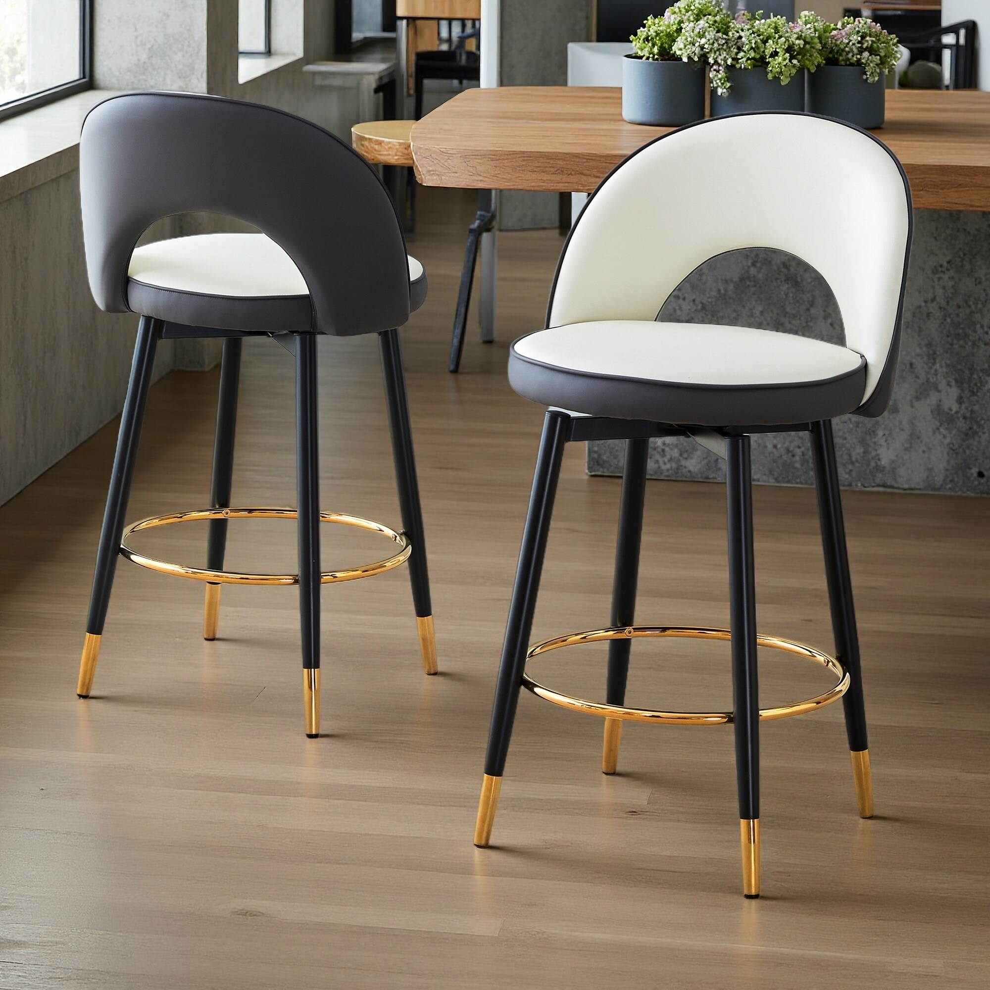 36"H Set of 2 PU Leather Swivel Bar Chairs with Metal Legs & Ergonomic Design