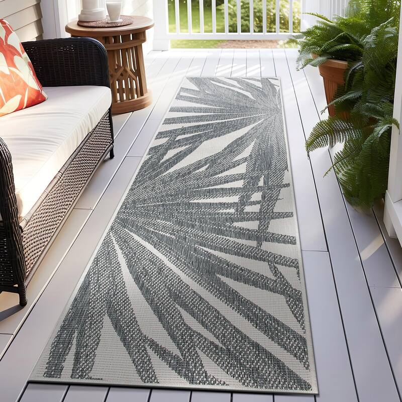 World Rug Gallery Tropical Nature Inspired Indoor/Outdoor Area Rug - 2' x 7' Runner - Gray