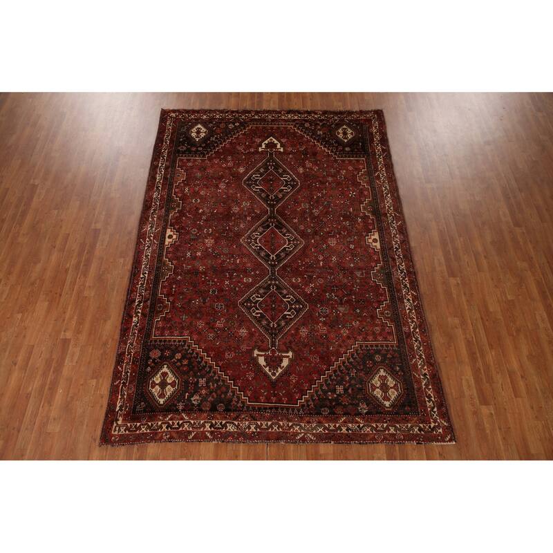 Tribal Geometric Shiraz Persian Vintage Rug Handmade Red Wool Carpet - 7'8"x 10'8"