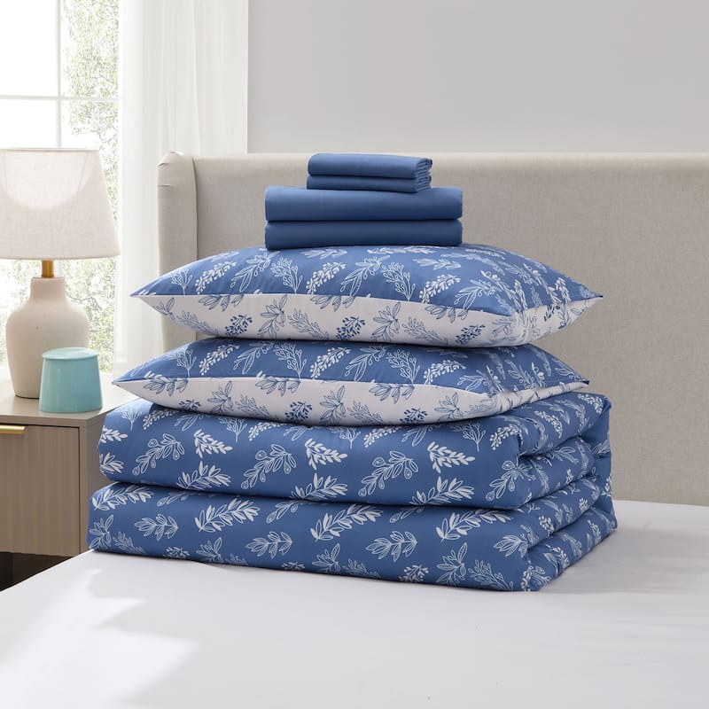 Empyrean 7 Pc Botanical Comforter Set with Sheets, Soft Breathable Lightweight Bedding Bag