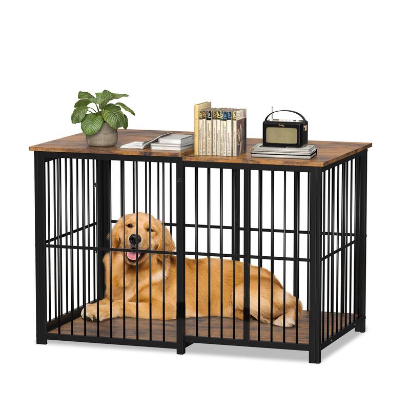 EROMMY Large Adjustable Dog Crate Furniture, Wooden Indoor Dog Kennel with Cushion and Lock, Heavy-Duty Dog Cage End Table