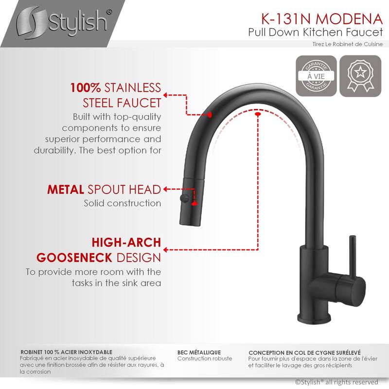 STYLISH Pull Dow Kitchen Faucet + Water Tap - Matte Black Finish