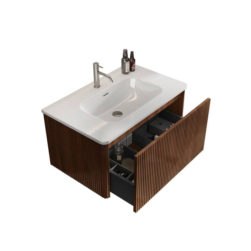 24 Inch Striped Walnut Bathroom Vanity with White Ceramic Sink,Wall Mounted Floating Bathroom Vanity for Modern Bathroom