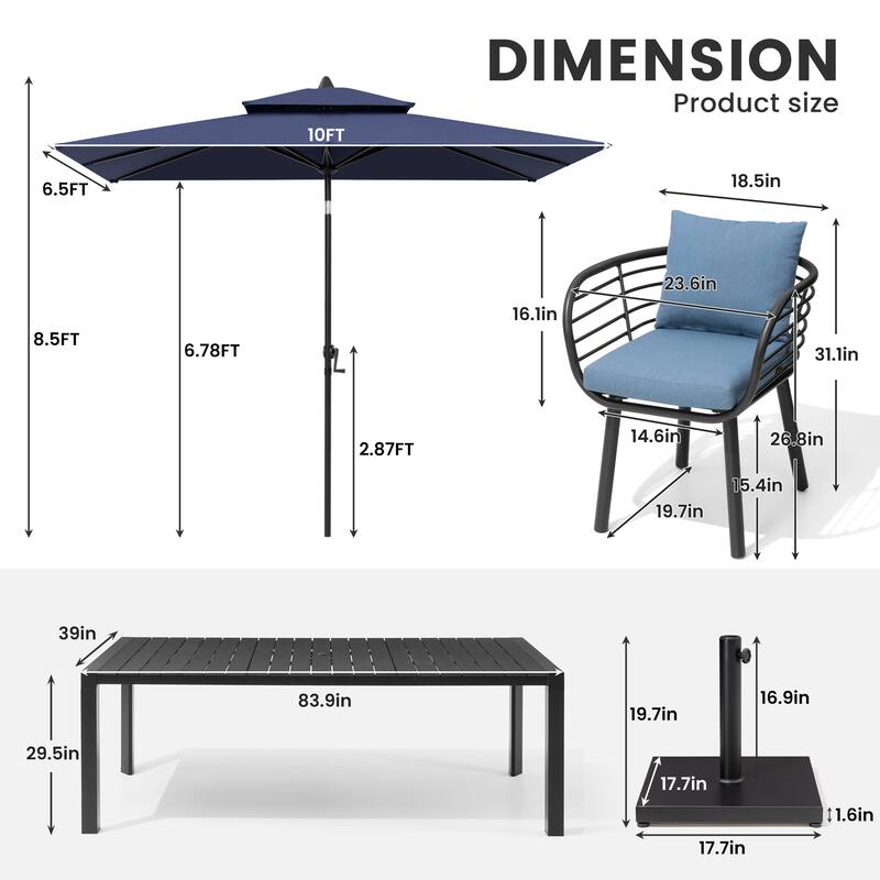 9/11-Piece Outdoor Patio Dining Set w/10 ft Umbrella and Base Aluminum Dining Table and Dining Chairs with Sunbrella Cushions