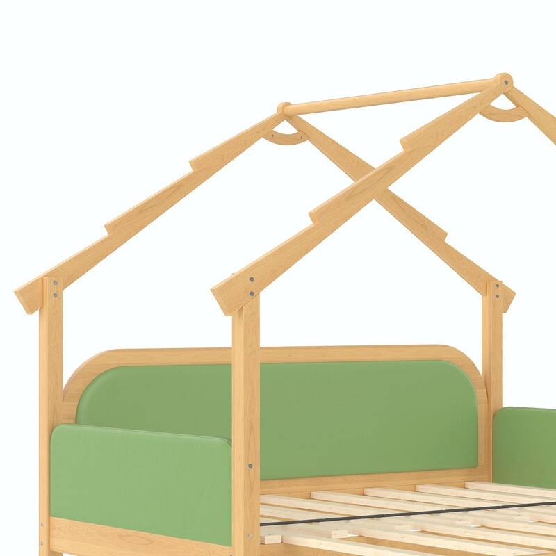 Twin Size Wooden Treehouse Bed with Soft Cushion Rails