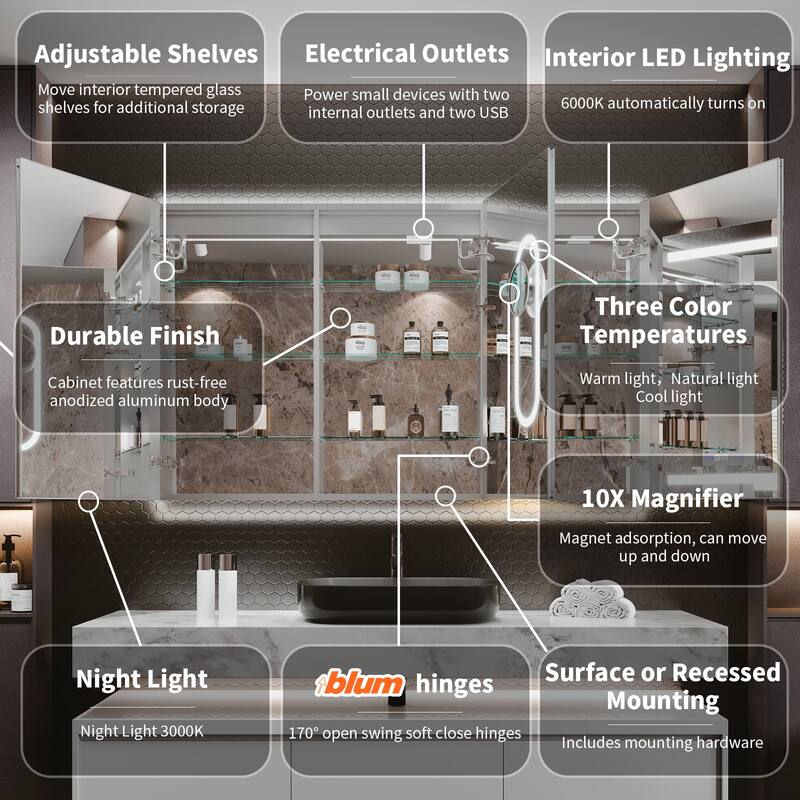 36'' H Recessed or Surface Mounted Bathroom LED Mirror Cabinet With Defogger, Dimmer, 10x magnifying