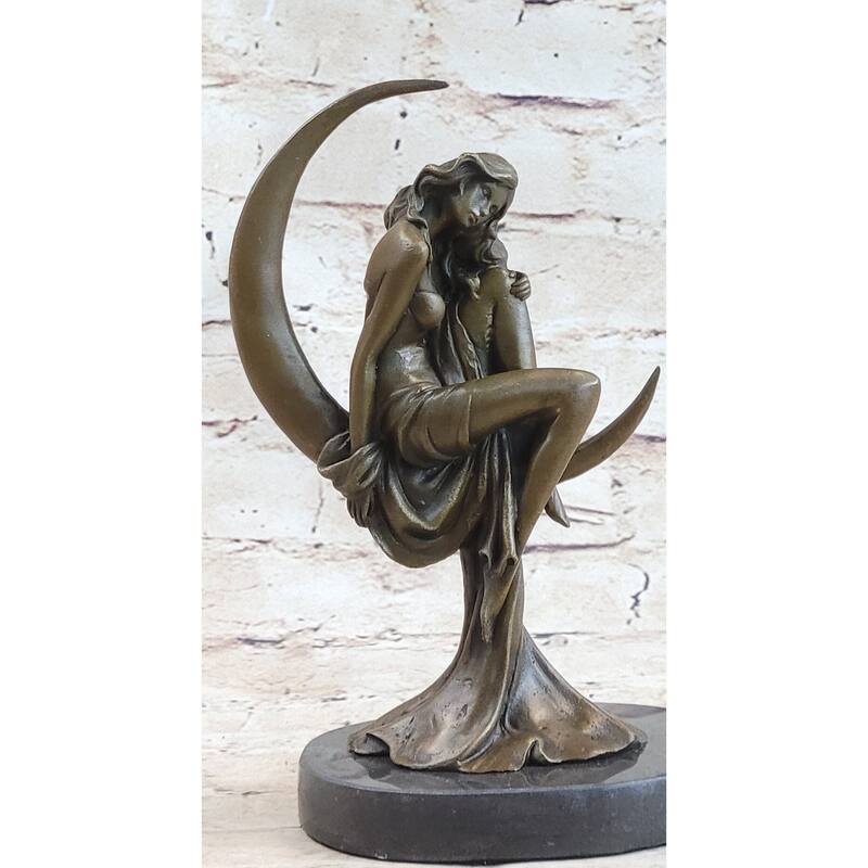 High Life Girl On Crescent Moon Bronze Statue Sculpture Figure 9 Inches X 6 Inches