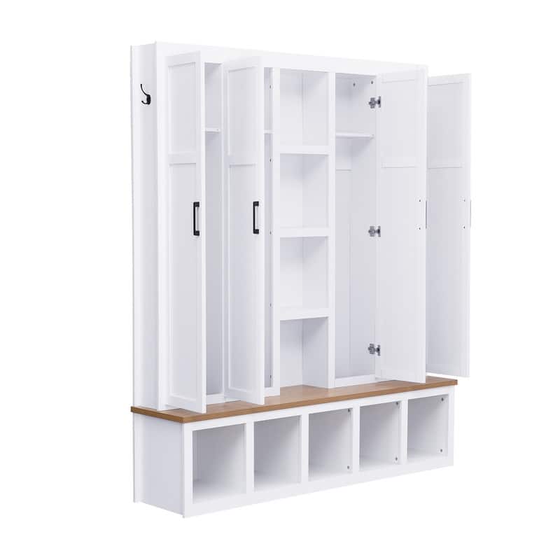 4-in-1 Hall Tree with 6 Hanging Hooks, Entryway Shoe Cabinet with Open Compartments, Wood Bench with Multiple Storage Space