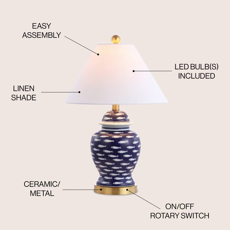 Quatrefoil of Fish 22" Ginger Jar Ceramic/Metal LED Table Lamp, Navy by JONATHAN Y