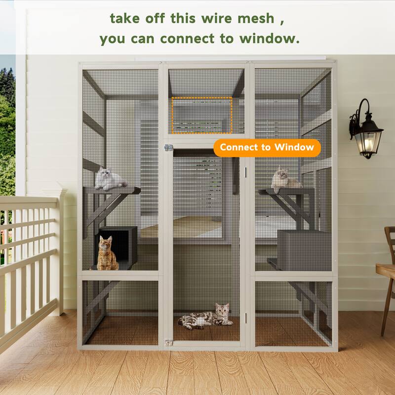 Large Gray Wooden Catio - Outdoor Cat Enclosure with 5 Platforms, 2 Resting Boxes & UV/Waterproof