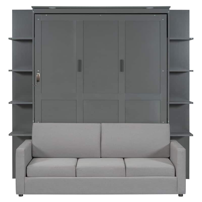 Queen Size Murphy Bed with Sofa, Folding Bed Frame Cabinet Wall Bed with Shelves and Top Lights