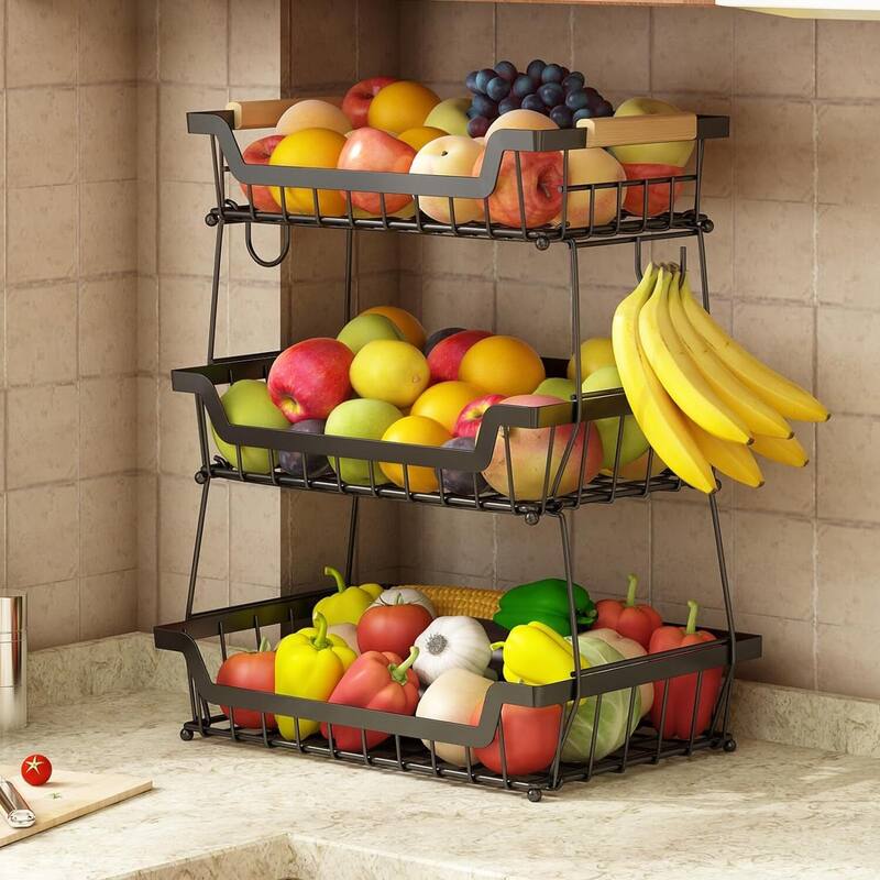 3 Tier Countertop Fruit Basket with 2 Banana Hangers for Kitchen - Kitchen Cart - 3 Tier with 2 Hangers