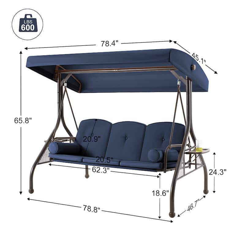 3-Seat Outdoor Porch Swing with Adjustable Canopy & Stand, Convertible Bed, All-Weather, Thickened Cushions & Cup Holders