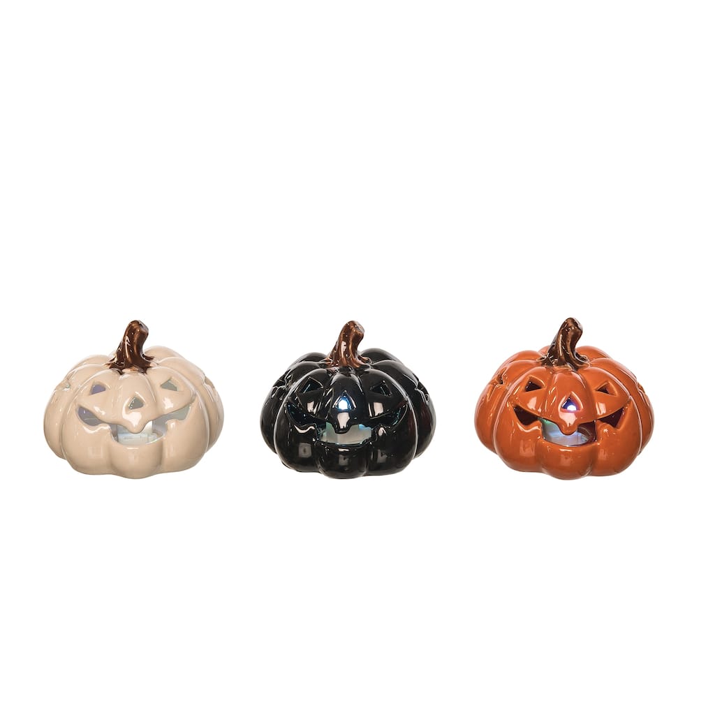3.27" x 3.94" Orange White Black Stoneware Pumpkin 3-Piece Light Up Jack O' Lantern Halloween Figurines