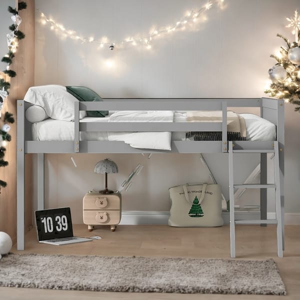 slide 2 of 9, Full Size Wood Low Loft Bed with Convertible Ladder, Gray Finish, Safe and Sturdy Design for Optimal Space Utilization Grey