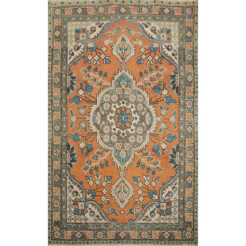 Hand Knotted Oriental 100% Wool Carpet Traditional Floral Oranges & Rust Tabriz Area Rug - 4' 11'' X 3' 3''