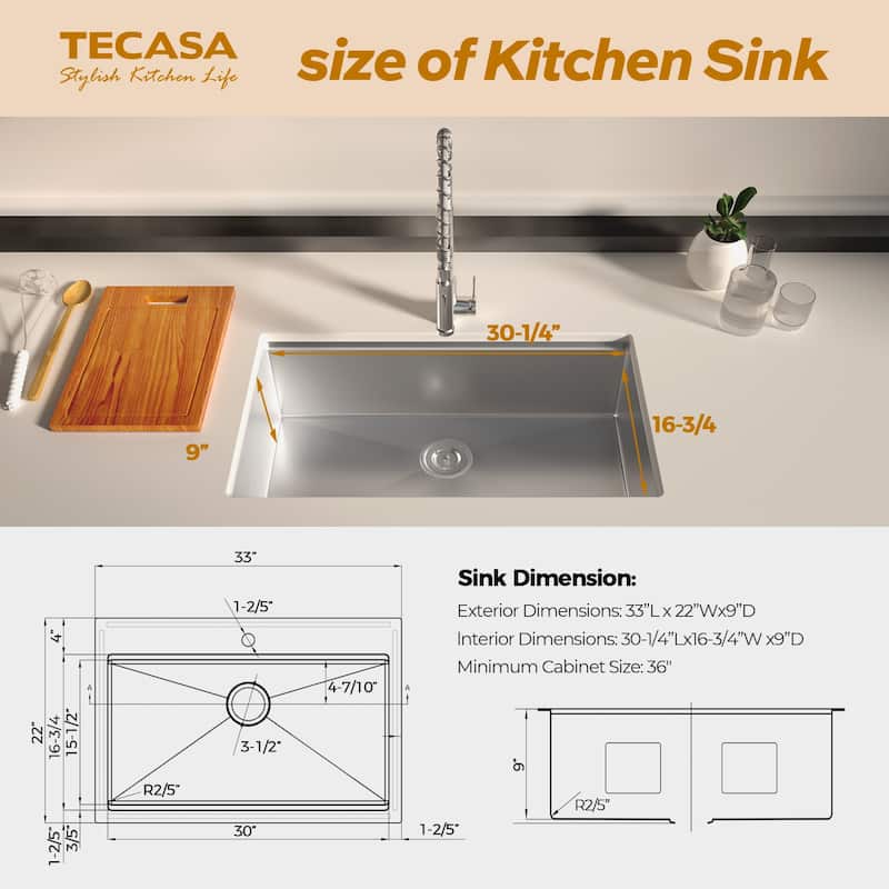 TECASA 33 in. 18-Gauge Dual-Mount Workstation Kitchen Sink with Faucet and Accessories - 33"x 22"