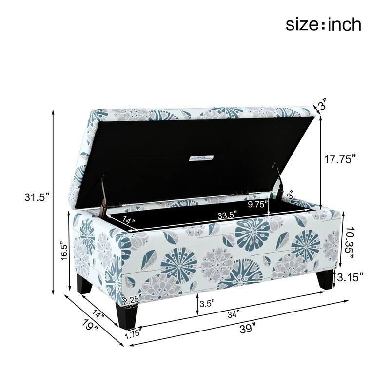 Roomfitters Upholstered Storage Ottoman Bench with Hinged Lid, Floral Fabric Accent Seat for Living Room or Bedroom