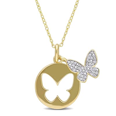 Miadora Yellow Plated Sterling Silver 1/10ct TDW Diamond Double Butterfly Clustered Necklace - 22.8 mm x 18 inch x 21.9 mm