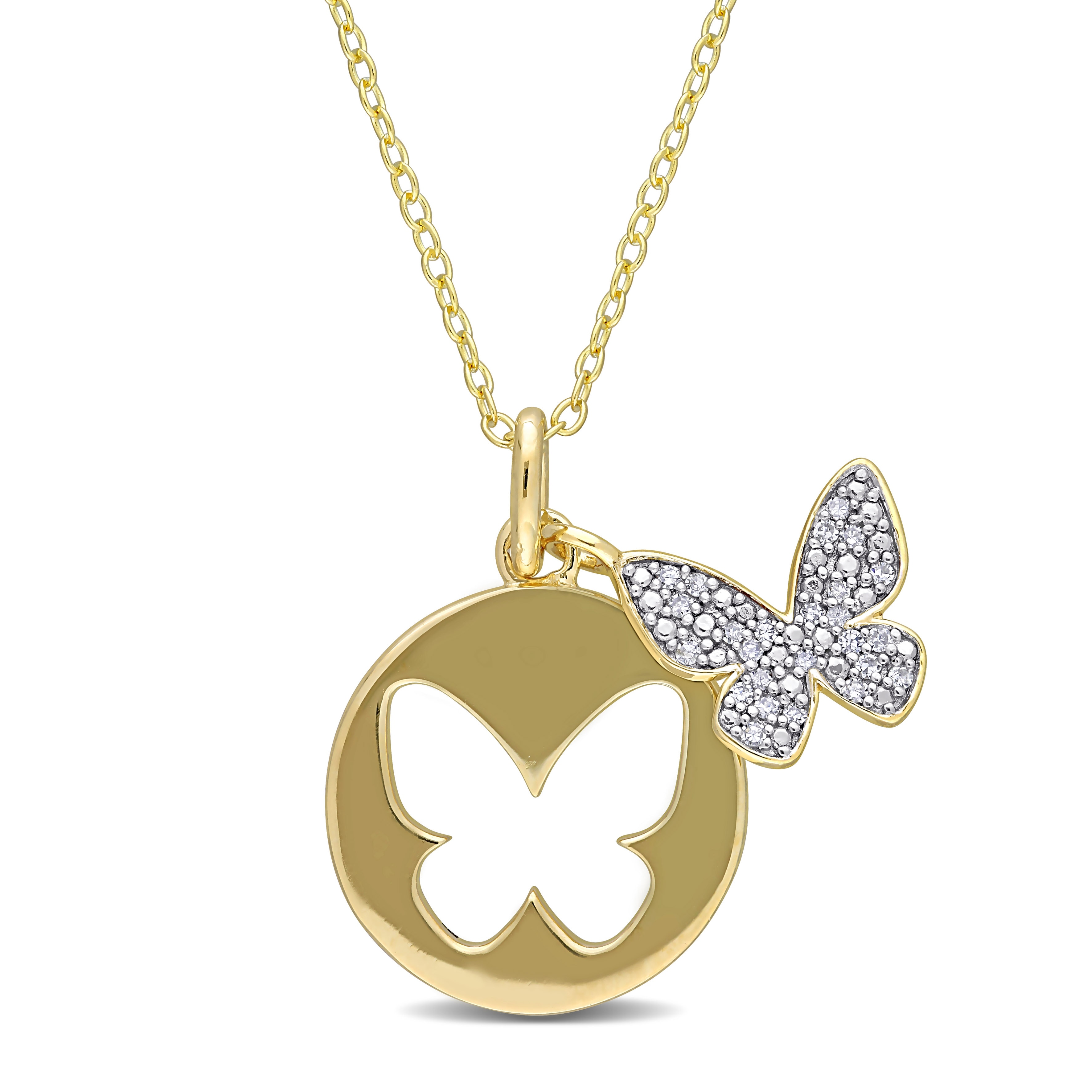 Miadora Yellow Plated Sterling Silver 1/10ct TDW Diamond Double Butterfly Clustered Necklace - 22.8 mm x 18 inch x 21.9 mm