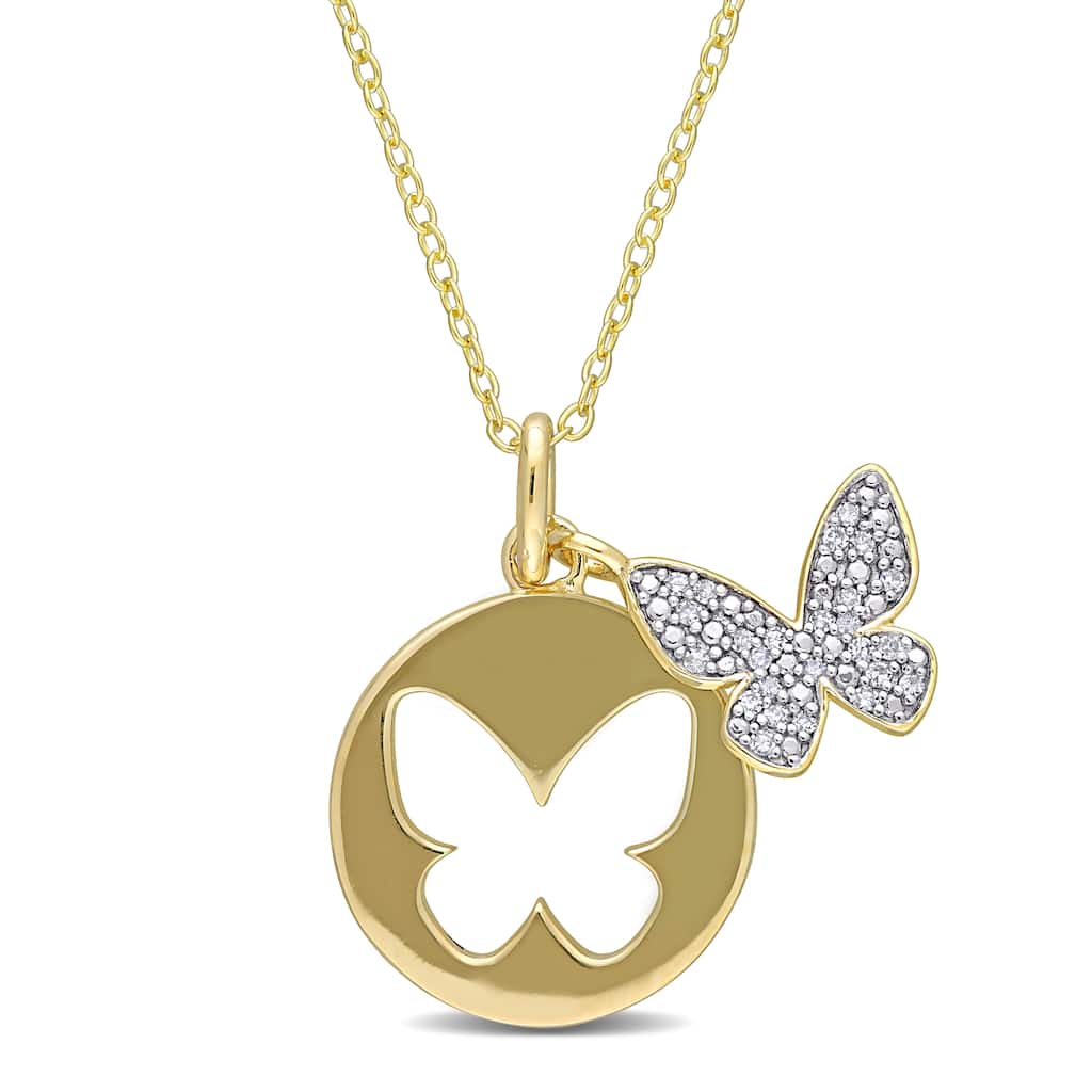 Miadora Yellow Plated Sterling Silver 1/10ct TDW Diamond Double Butterfly Clustered Necklace - 22.8 mm x 18 inch x 21.9 mm