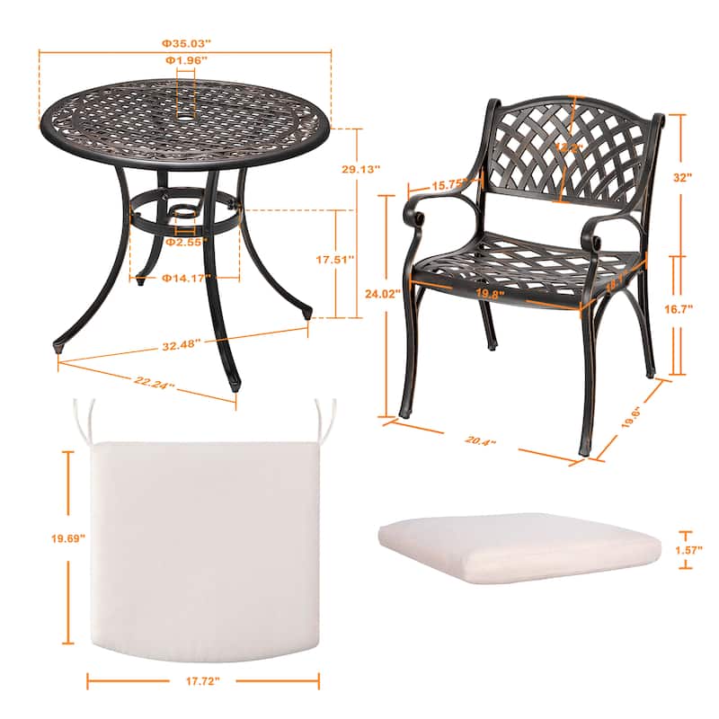 Outdoor 3-Piece Bistro Set with Umbrella Hole, Black with Gold-Painted Edge
