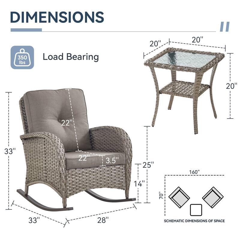 Gymojoy Patio Furniture Set PE Wicker Rocking Chairs & Side Table