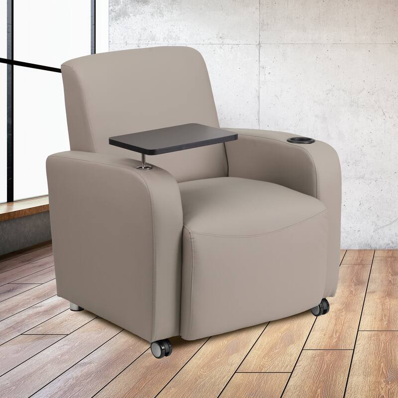 LeatherSoft Guest Chair with Tablet Arm, Front Wheel Casters and Cup Holder - Grey