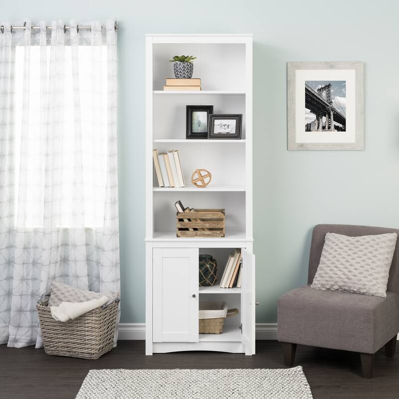 Tall Bookcase with 2 Shaker Doors, White