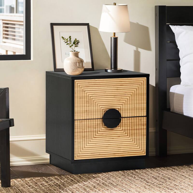 Modern Boho 2-Drawer Black Side Table with Bamboo Strips - 20.5" H x 17.7" W x 15.7" D