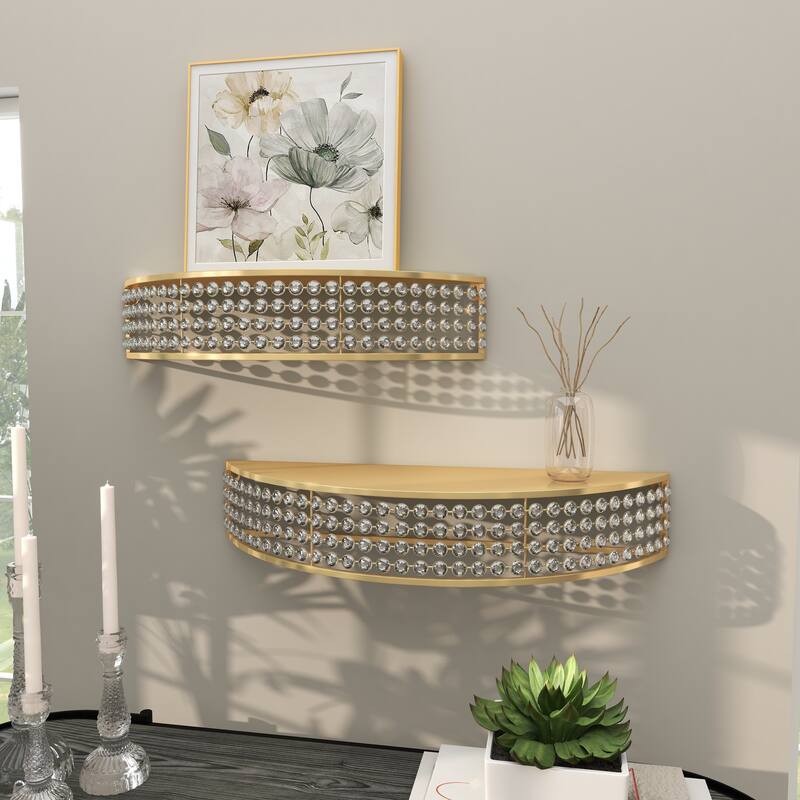 Gold Metal Half-Moon Wall Shelf with Crystal Embellishments (Set of 2)