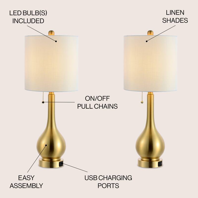 Grant 24" Modern Classic Gourd Iron LED Table Lamp with Pull-Chain with Dual USB Charging Port, by JONATHAN Y (Set of 2)