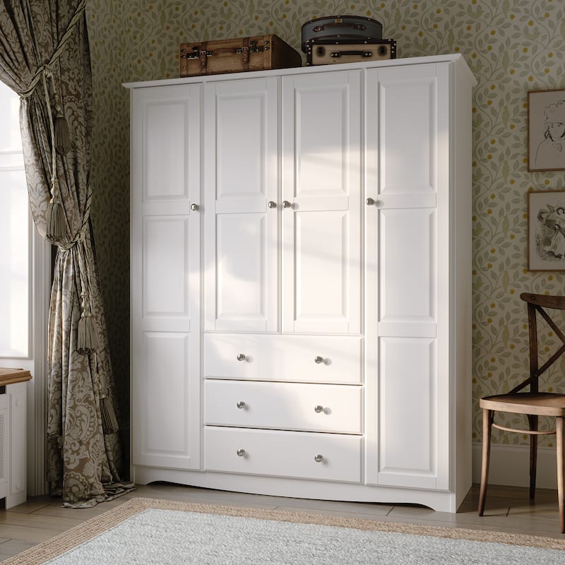 Palace Imports 100% Solid Wood Family 4-Door Wardrobe Armoire with Metal or Wooden Knobs - White-Metal Knobs