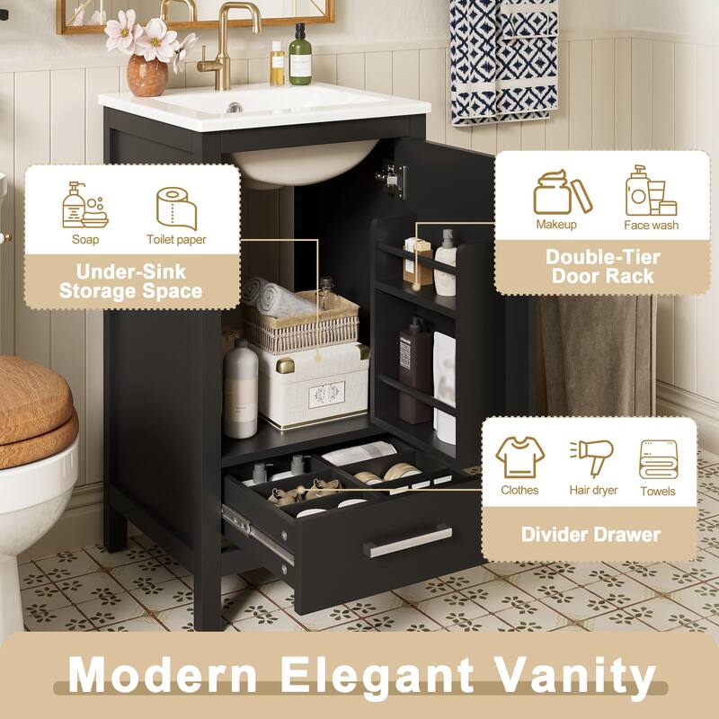 18" Small Bathroom Vanity with Ceramic Sink, Freestanding Storage Cabinet with Soft Close Drawer and Door, Adjustable Shelf