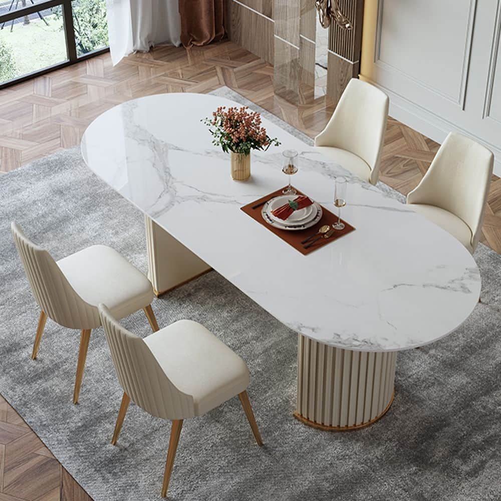 Modern Minimalist White Oval Dining Table with Glossy Sintered Stone Tabletop, Roman Column Frame Table Legs