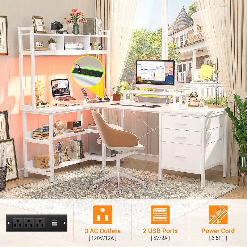 Ultimate L-Shape Gaming Desk with Bookshelf Hutch and 3 Fabric Drawers, Computer Desk with Power Outlets and LED Lights