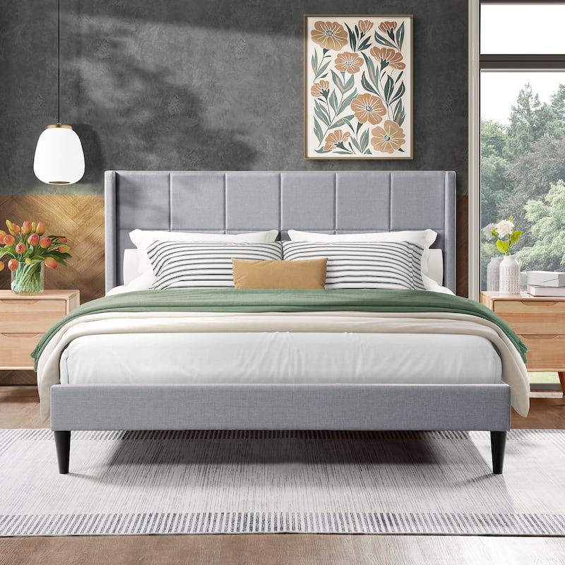 Queen Bed Frame with Wingback/Linen Upholstered Platform Bed with Square Stitched Headboard/Wood Slats Support/Solid Wood Legs