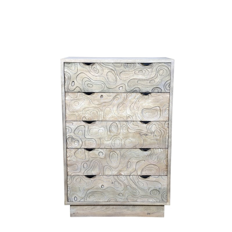 HomeRoots 35" Gray Carved Abstract Solid Wood Five Drawer Dresser