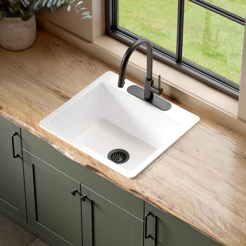 Jackson Crisp White Fireclay 25" Single Bowl Drop-In Kitchen Sink (3 Holes) with Drain