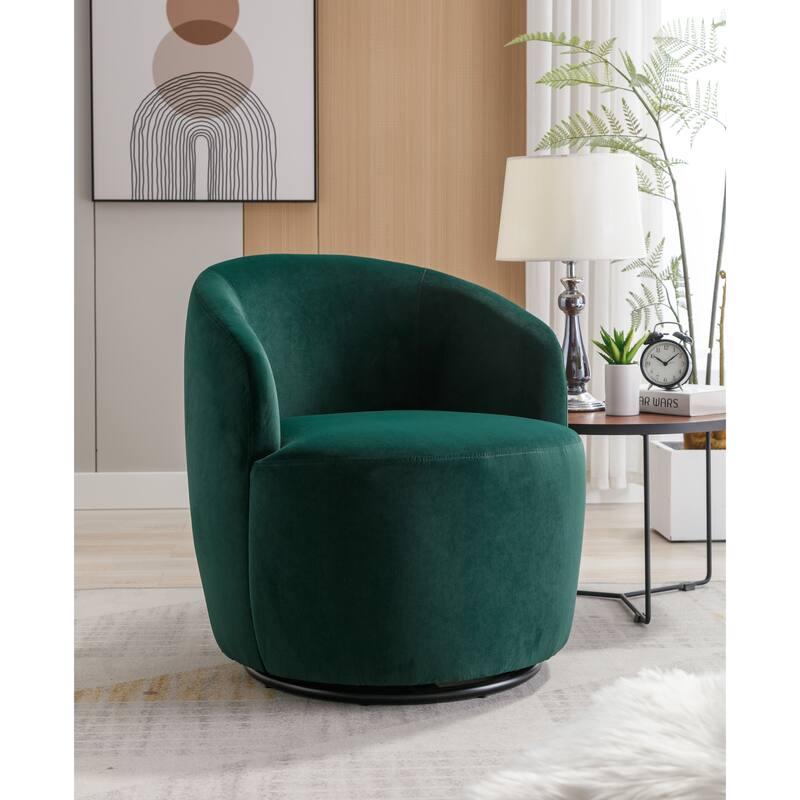 Modern Barrel Swivel Accent Chair with Metal Base, Round Velvet Upholstered Reading Chair w/ Curved Back for Living Room Bedroom