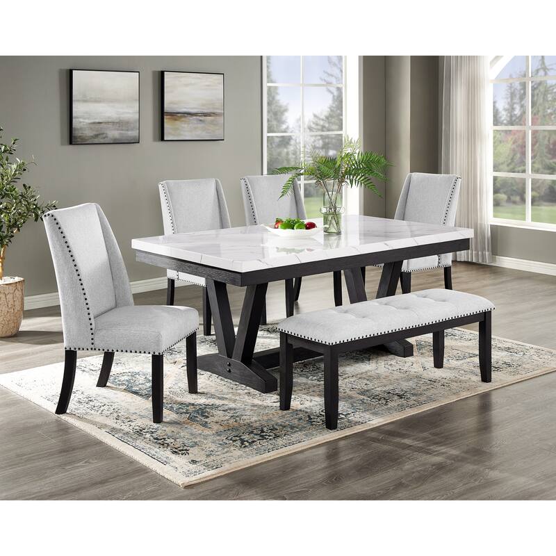 1pc Transitional Modern Formal Dining Table White Faux Marble Rectangular Table Top Trestle Base Black Finish Legs Woode