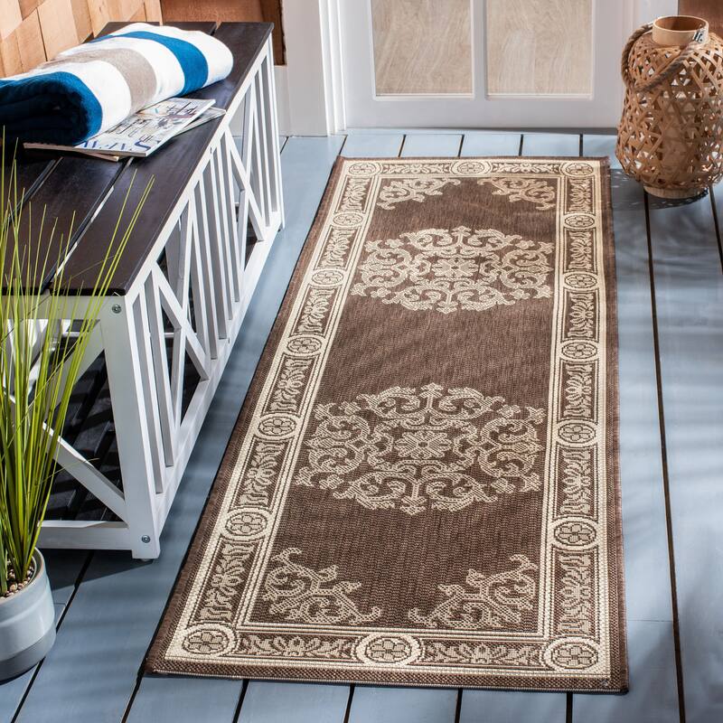 SAFAVIEH Courtyard Lineke Indoor/ Outdoor Waterproof Patio Backyard Rug - 2'3" x 6'7" Runner - Chocolate/Natural