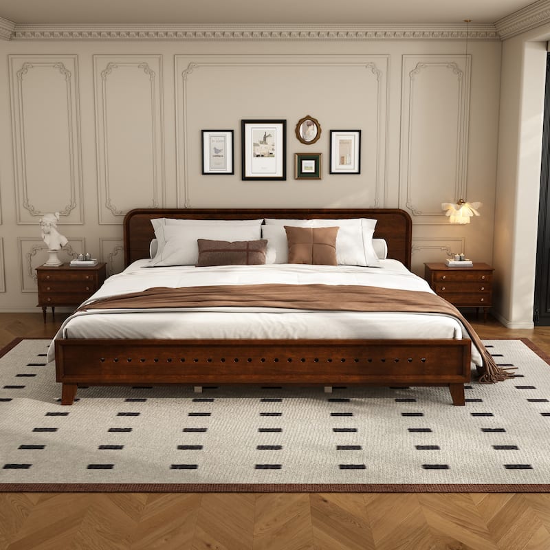 Classic Solid Pinewood Bed Frame with Headboard and Footboard, Low Profile Platform Bed, Wood Slat Support - Dark Walnut - King