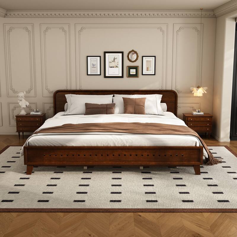 Rustic Pine Wood Bed Frame Low-Profile Platform Bed with Panel Headboard Solid Wood Slat Support and Extra Wide Thickened Legs - Dark Walnut - King