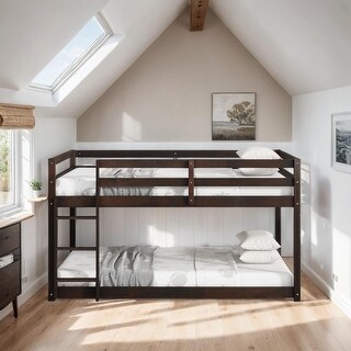 Wooden Twin over Twin Loft Bed with Ladder, Espresso
