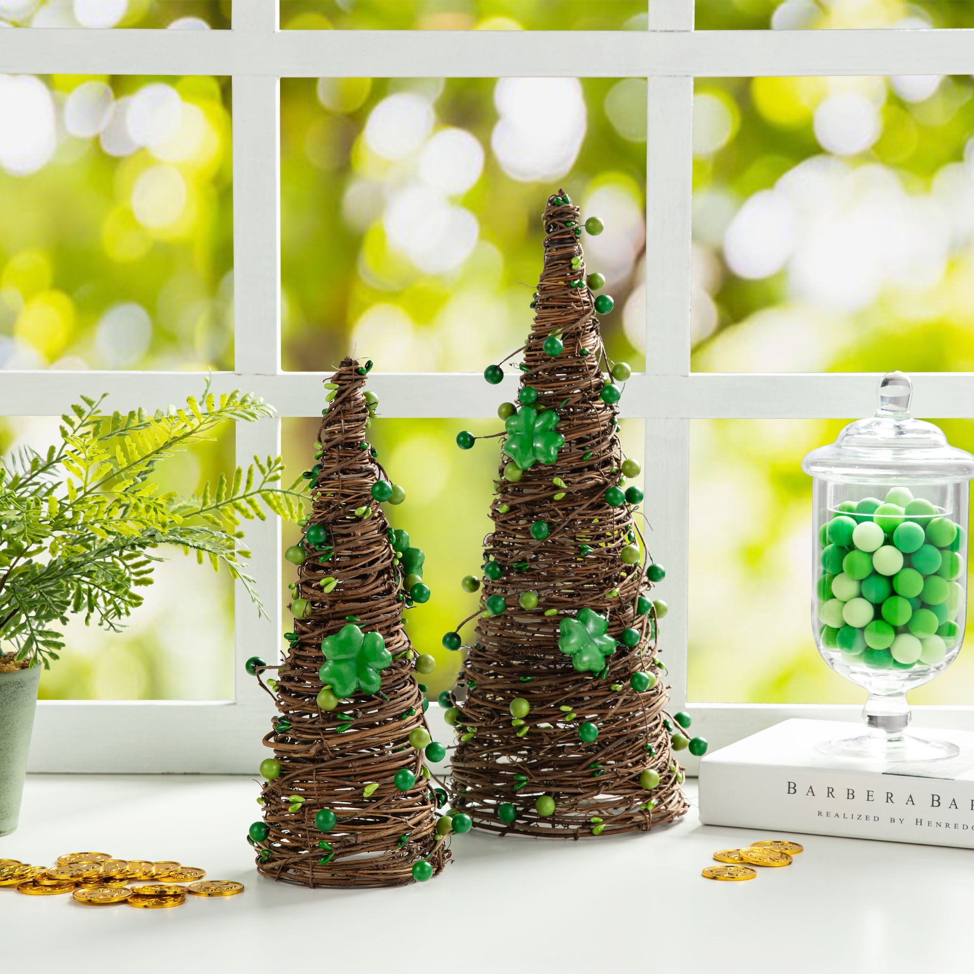 Glitzhome 16"H Set of 2 St. Patrick's Rattan Shamrock and Berries Table Tree